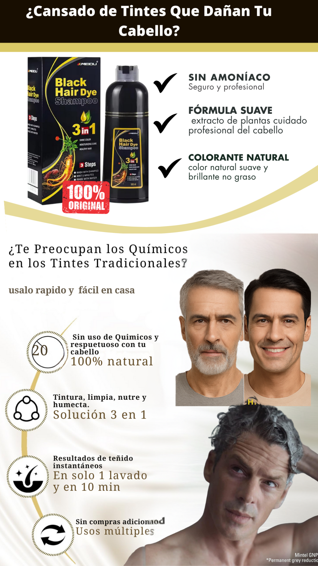 SHAMPOO Black Hair Dye®️3 EN 1 CUBRE CANAS